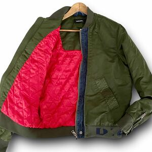 極美品 Lサイズ★DIESEL ディーゼル フライトジャケット MA-1 L-2B ブルゾン ボンバー カーキ デニム切替 リブロゴ染め キルティング 赤 