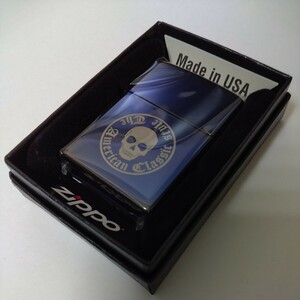 新品未使用 ZIPPO '06 THE AMERICAN CLASSIC STYLE スカル エッチング銀入れ ブルーチタニウム加工 キャンドボトム仕様 シルバー×チタン青