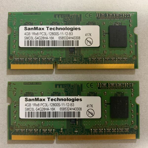 SanMax ノートパソコン DDR3メモリー 4GB 1R×8 PC3L-12800S-11-12-B3 2個セット 合計8GB