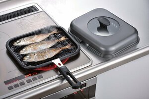 新品＠IH対応窓付きロースター(魚焼き 魚焼き器 ガラス蓋 フタ付き 調理器具 ガラス窓付 魚焼きグリル IH対応 ガス火 兼用)