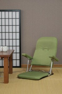 新品＠日本製 和風 折りたたみ 肘付き 座椅子＜いこい＞/グリーン （座椅子、クッション、ソファー）