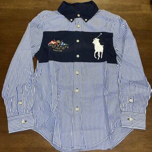 【RALPH LAUREN/ラルフローレン】長袖シャツ　ボタンダウン　サイズS(8)　140㎝　ビッグポニー　中古　紺色×スプライト