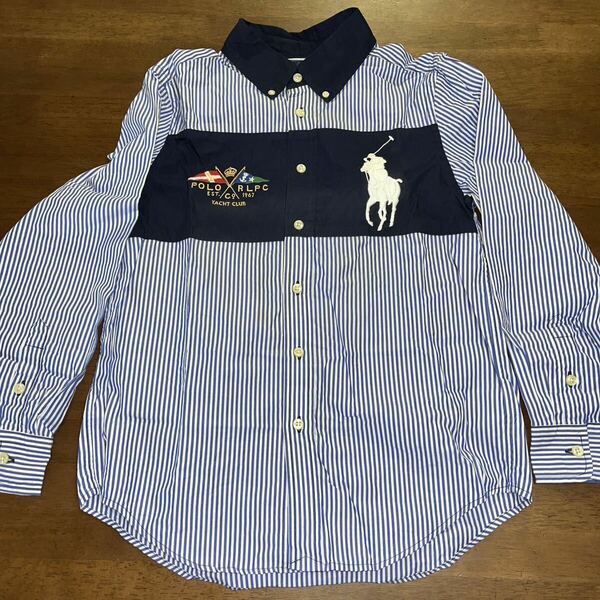 【RALPH LAUREN/ラルフローレン】長袖シャツ　ボタンダウン　サイズM(10-12)　150㎝　ビッグポニー　中古　紺色×スプライト