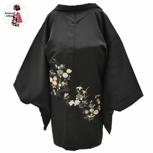 1円 羽織 正絹 黒羽織 刺繍 四季花文様 身丈79cm はおり 同梱可 【kimonomtfuji】 1nfuji44189