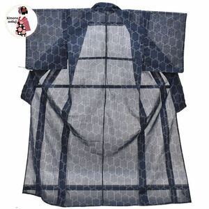 1円 小紋 夏着物 紺色 亀甲文様 身丈166cm 単衣 着物 同梱可 【kimonomtfuji】 3nfuji44318