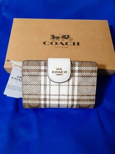 ★★新品未使用★★COACH二つ折り財布★★ブラウン&ホワイト×チェック柄★★