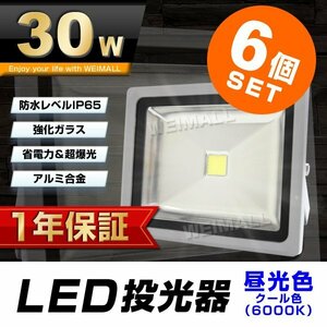 6個セット 【1年保証】 LED 投光器 30W 300W相当 昼光色 作業灯 集魚灯 看板灯 看板 照明 防犯 省エネ 防水 プラグ付 3m 家庭用電源 即納