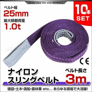 未使用 10本セット ナイロンスリングベルト ベルトスリング スリングベルト 1.0t 1000kg 荷上げ 耐荷 1t 3m 幅 25mm