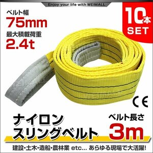 10本セット!! ナイロンスリングベルト ベルトスリング スリングベルト 荷上げ 耐荷重 2.4t 75mm×3mm