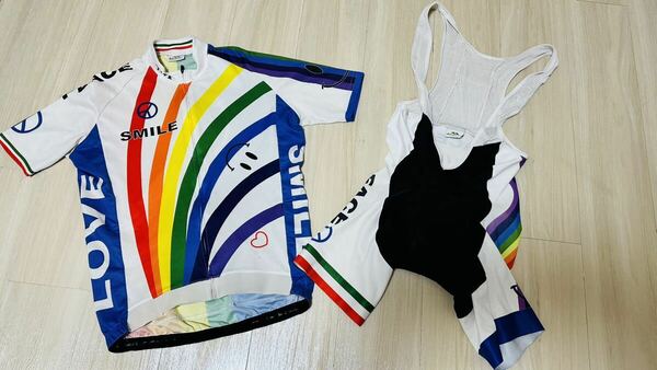 【中古品】7-ita Rainbow Smile Jersey White サイクルジャージ 上下セット 半袖 レーサーパンツ 