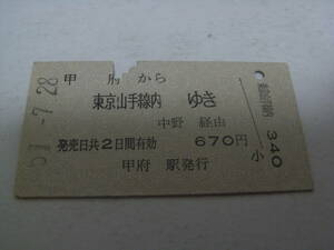 中央本線　甲府から東京山手線内ゆき　中野経由　昭和51年7月28日　甲府駅発行　国鉄