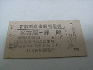 新幹線自由席特急券　名古屋→静岡 　昭和48年7月17日　名古屋駅発行　国鉄