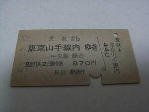 中央本線　長坂から東京山手線内ゆき　中央線経由　昭和50年2月12日　長坂駅発行　国鉄