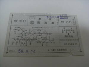 東京周遊券　昭和59年9月24日　(讃)高松駅発行　日本国有鉄道　国鉄