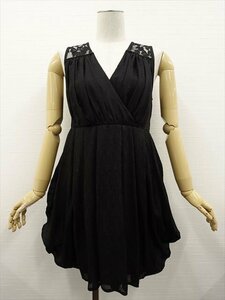 美品 エイチ&エム H&M ひざ丈 ノースリーブ カシュクールネック シフォン洗えるドレス US：10 ブラック
