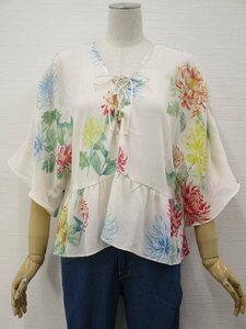 美品 ZARA BASIC 五分袖 デザインネック シフォンプルオーバーブラウス USA：L アイボリー×レッド×ブルー×イエロー 花柄 【メール便可】