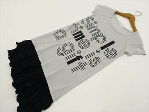 美品 One's B ひざ丈 半袖 ラウンドネック 洗えるワンピース M ライトグレー地 ブラック 英字プリント/ブラック