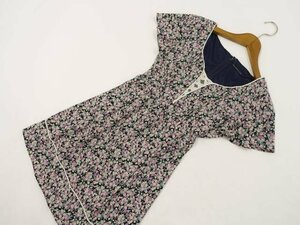 美品 WILLSELECTION ひざ丈 フレアスリーブ 半袖 ラウンドネック ワンピース 1 ブラック地 ブルー×ベージュ×ピンク 花柄 【メール便可】