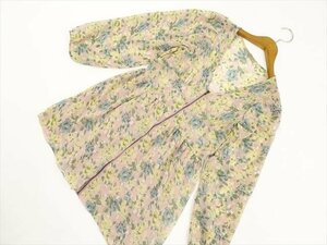 美品 PROPORTION BODY DRESSING ひざ丈 長袖 シフォンワンピース 3 ダスティピンク地 グリーン×ブルー×イエロー 花柄 【メール便可】