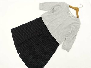 美品 The 1st floor＆Ballsey 七分袖カットソー+スカーチョ コーデ2点セット S相当 グレー杢/ブラック×ホワイト ストライプ柄 カジュアル