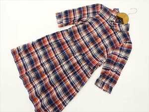 美品 セシルマクビー CECIL McBEE ひざ丈 七分袖 シャツワンピース M レッド×ホワイト×ネイビー チェック柄