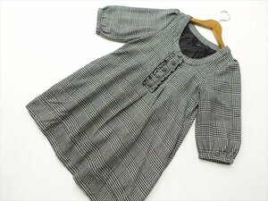 美品 コムサイズム COMME CA ISM ひざ丈 五分袖 Vネック チュニックワンピース F ブラック×アイボリー グレンチェック柄