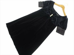 美品 シェルレイ SHELL RAY ひざ丈 半袖 デザインネック 洗えるベロアワンピース 38 ブラック