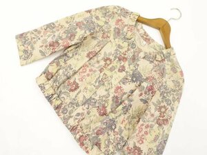 美品 ラシュッド LASUD 七分袖 ノーカラージャケット ベージュ地 グリーン×レッド×ブルー系×イエロー 花柄