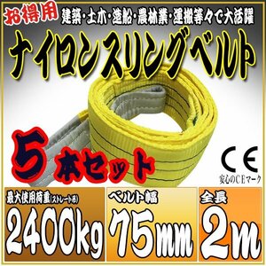 スリングベルト 5本セット 2m 幅75mm 使用荷重2400kg 2.4t 吊りベルト ベルトスリング ［ナイロンスリング 吊上げ ロープ 牽引 運搬］