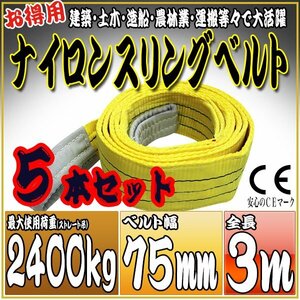 スリングベルト 5本セット 3m 幅75mm 使用荷重2400kg 2.4t 吊りベルト ベルトスリング ［ナイロンスリング 吊上げ ロープ 牽引 運搬］