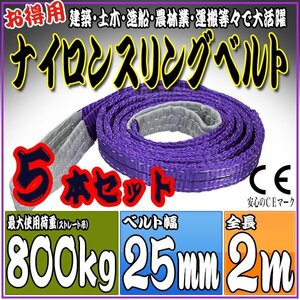 スリングベルト 5本セット 2m 幅25mm 使用荷重800kg 0.8t 吊りベルト ベルトスリング ［ナイロンスリング 吊上げ ロープ 牽引 運搬］