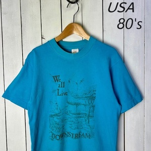 T●9 USA古着 80s USA製 染み込みプリントTシャツ ターコイズ S FRUIT OF THE LOOM オールド ヴィンテージ アメリカ古着 シングルステッチ