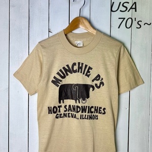 T●19 USA古着 70s～80s USA製 SNEAKERS スニーカーズ Tシャツ S 34-36 ベージュ アメリカ古着 オールド ヴィンテージ シングルステッチ