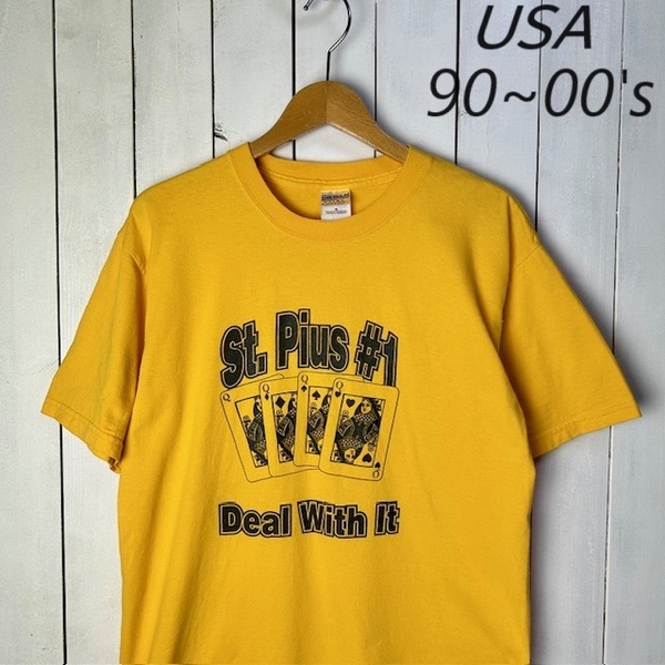 T●41 USA古着 90s～00s GILDAN トランプ Tシャツ M 黄色 オールド ヴィンテージ アメリカ古着