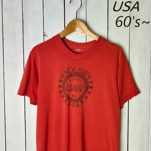 T●45 USA古着 60s～ 染み込みプリント Tシャツ フェード赤 S程度 ヴィンテージ オールド アメリカ古着 シングルステッチ