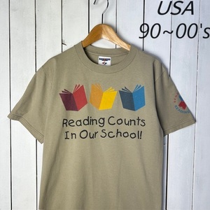 T●57 USA古着 90s～00s JERZEES BookプリントTシャツ S カーキベージュ オールド ヴィンテージ アメリカ古着