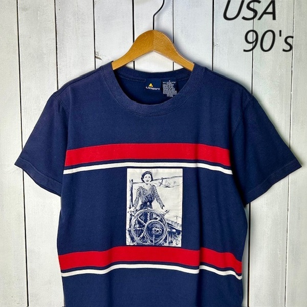 T●80 USA古着 90s Lizsport パッチワークボーダーＴシャツ S ネイビー オールド ヴィンテージ アメリカ古着