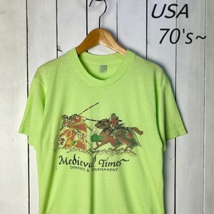 T●94 USA古着 70s～ 染み込みプリントTシャツ XS～S程度 黄緑 オールド ヴィンテージ アメリカ古着 シングルステッチ