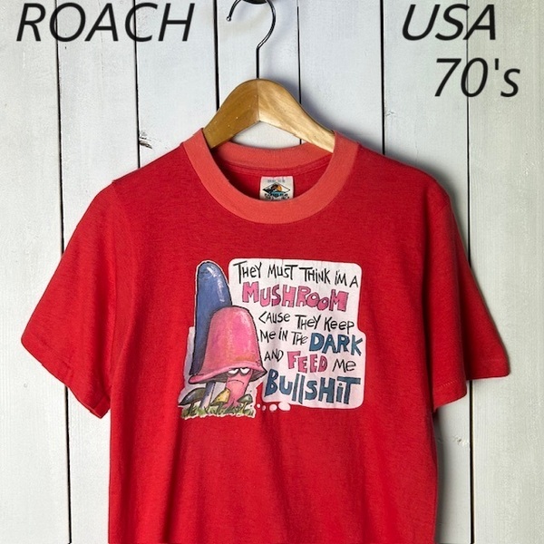 T●110 USA古着 70s 78年 USA製 ROACH Tシャツ 赤 S 34-36 DIAMOND HEAD オールド ヴィンテージ エロTシャツ シングルステッチ