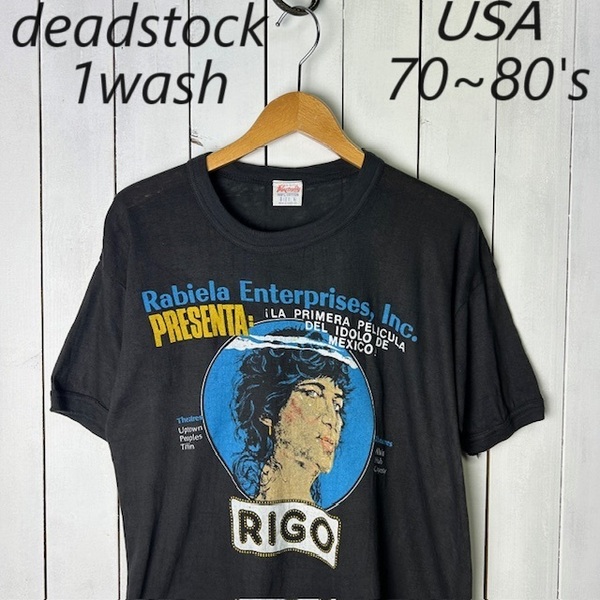 T●116 USA古着 デッドストック 70s～80s パキ綿 RIGO ヴィンテージTシャツ M～L 黒 オールド　ヴィンテージ アメリカ古着 未使用 シングル