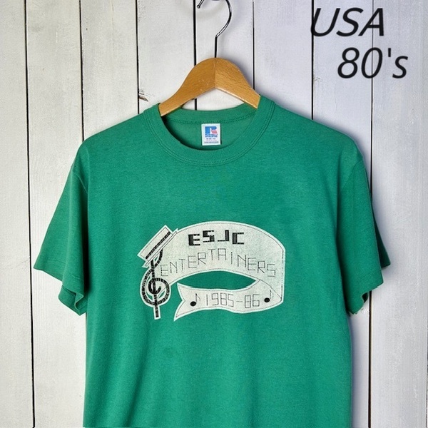 T●125 USA古着 80s USA製 RUSSELL ラッセル Tシャツ 緑 M 38-40 オールド ヴィンテージ アメリカ古着 シングルステッチ