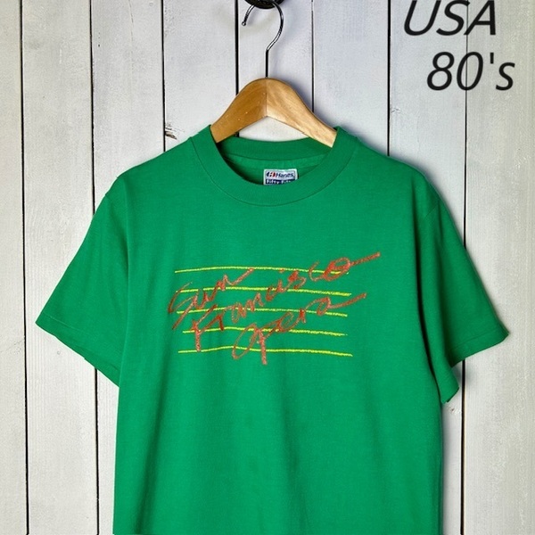 T●127 USA古着 美品 80s USA製 Hanes プリントTシャツ M 38-40 緑 オールド ヴィンテージ アメリカ古着 シングルステッチ