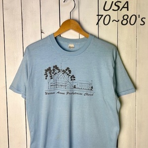 T●130 USA古着 70s～80s USA製 プリントTシャツ XL 水色 SCREEN STARS オールド ヴィンテージ アメリカ古着 シングルステッチ M程度