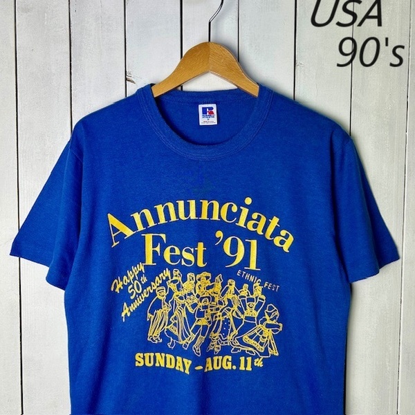 T●131 USA製 90s 1991s USA製 Fest Tシャツ M 青 RUSSELL ラッセル オールド ヴィンテージ アメリカ古着 シングルステッチ