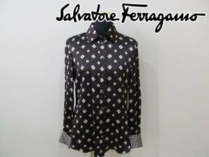 1 jpy Salvatore * Ferragamo long sleeve shirt silk light brown group size 40 gun chi-ni pattern 
