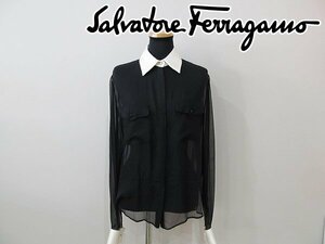 1 jpy Salvatore * Ferragamo long sleeve shirt see-through black white silk 100% size 40