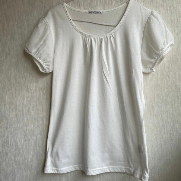 Tシャツ　パフスリーブ　ホワイト　Lサイズ　 カットソー トップス 半袖