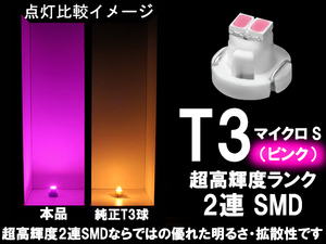 ■T3 (マイクロS) 超高輝度2連SMD‐LED球　ピンク　エアコン/スイッチ/パネル照明
