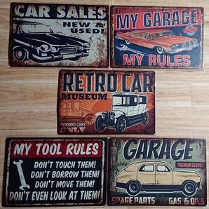 ブリキ看板 5枚　☆　ガレージ　MY GARAGE　レトロカー　アメ車　MY TOOL RULES　CAR SALES　 :アメリカン雑貨☆