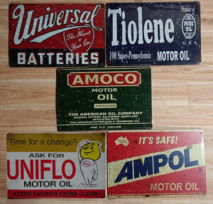  ブリキ看板 5枚　☆　モーターオイル　MOTOR OIL　AMPOL　ESSO　AMOCO　TIOLENE　BATTERIES　壁飾り :アメリカン雑貨☆